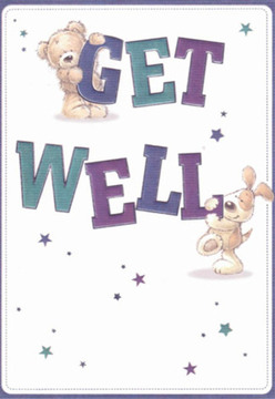 There's a gentle New Cross charm in this get well card's design, much like the uplifting touch of a local florist's arrangement sent to cheer someone on Lewisham Way. The illustration features an adorably plump teddy perched on the bold word 'GET', its fur textured as if inviting a comforting hug, while a cheerful little puppy leans playfully against the full 'WELL', their floppy ears adding a note of innocence. Each character's rounded shapes and tender eyes glow with affection and hope. Bursts of star shapes-painted in deep purple, dusky blue, and soft teal-float freely against a snowy white background, instilling the scene with a sense of possibility much like the fresh promise of morning deliveries in New Cross. The vibrant letters, shaded with artist's care, practically sing from the page, their tactile brushwork reminiscent of florist ribbons and petals placed with genuine intent. This card's bright, whimsical spirit offers more than a get well wish; it embodies a tradition of local kindness, matching the thoughtful sympathy bouquets handcrafted for New Cross families needing a little extra light and encouragement.